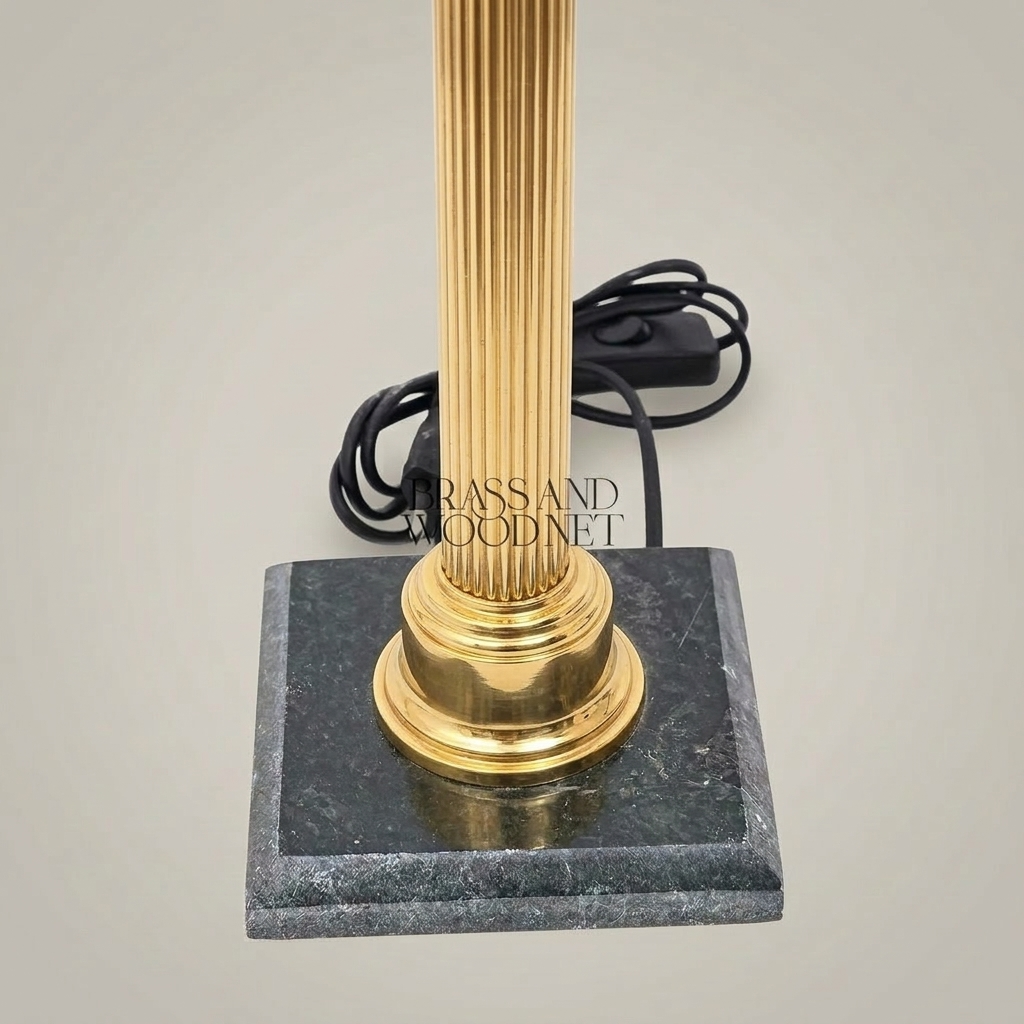 Classical Corinthian Column Brass Table Lamp with Marble Base & Pleated Shade