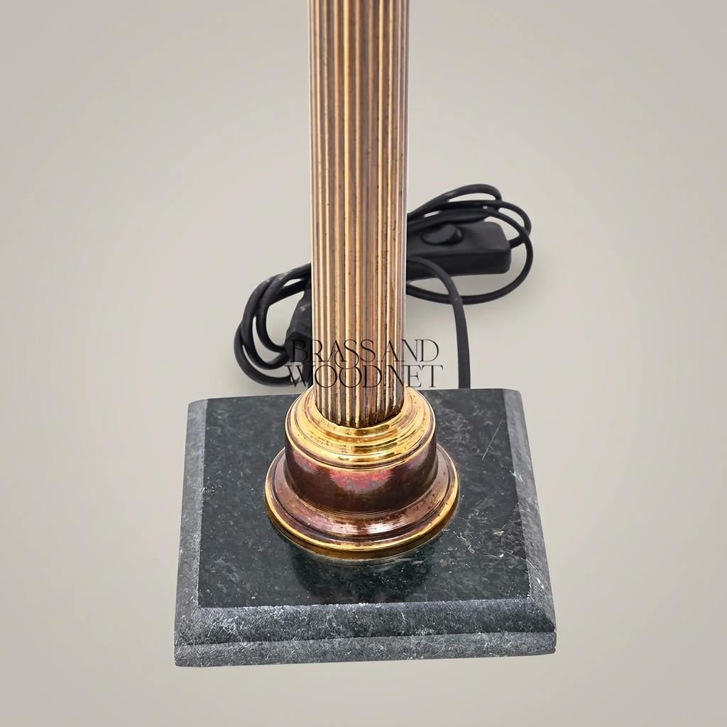 Classical Corinthian Column Brass Table Lamp with Marble Base & Pleated Shade — Antique Gold