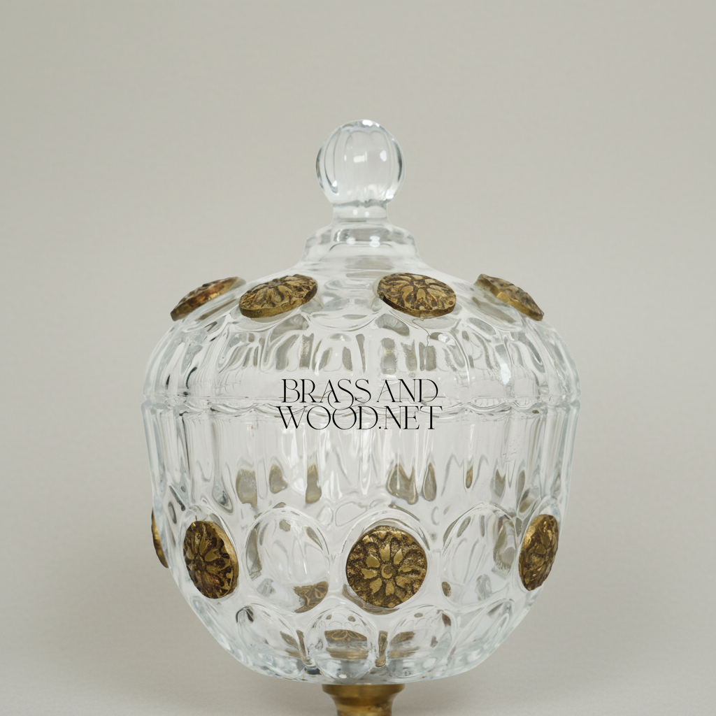 Classical Crystal Bonbonniere with Brass Rosette Base & Lidded Globe Body