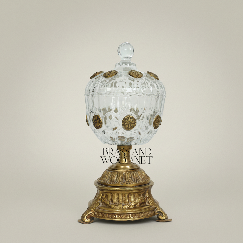 Classical Crystal Bonbonniere with Brass Rosette Base & Lidded Globe Body — Antique Gold