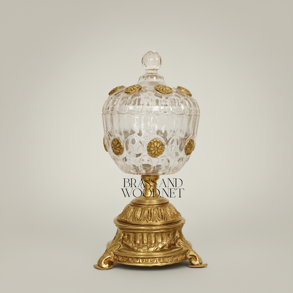 Classical Crystal Bonbonniere with Brass Rosette Base & Lidded Globe Body — Gold