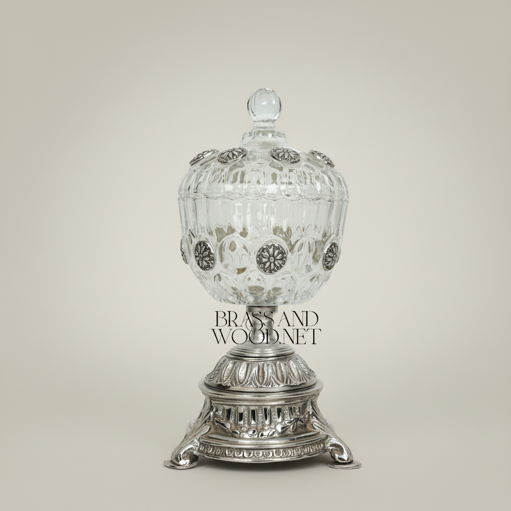 Classical Crystal Bonbonniere with Brass Rosette Base & Lidded Globe Body — Silver