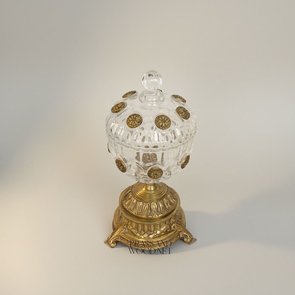 Classical Crystal Bonbonniere with Brass Rosette Base & Lidded Globe Body