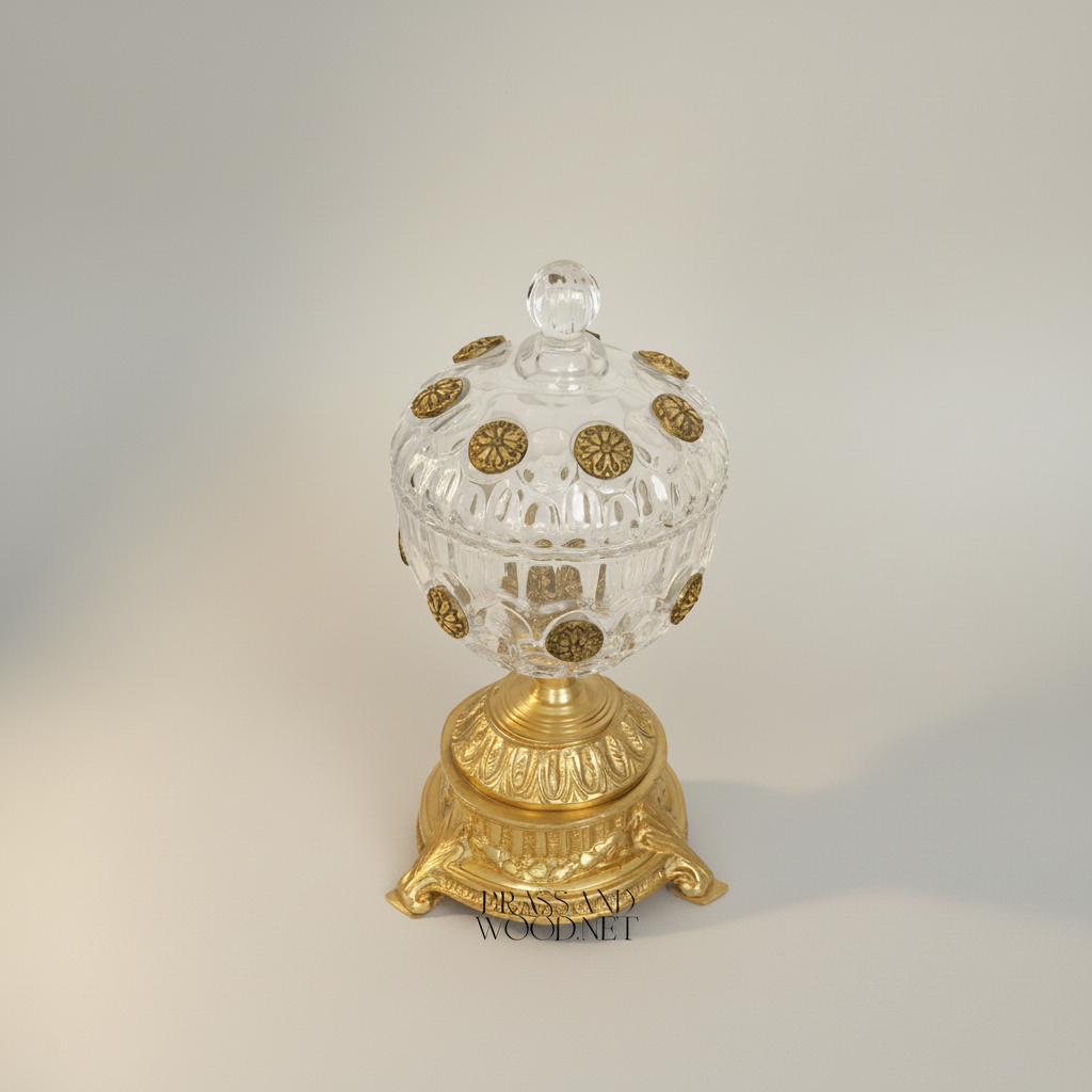 Classical Crystal Bonbonniere with Brass Rosette Base & Lidded Globe Body — Gold