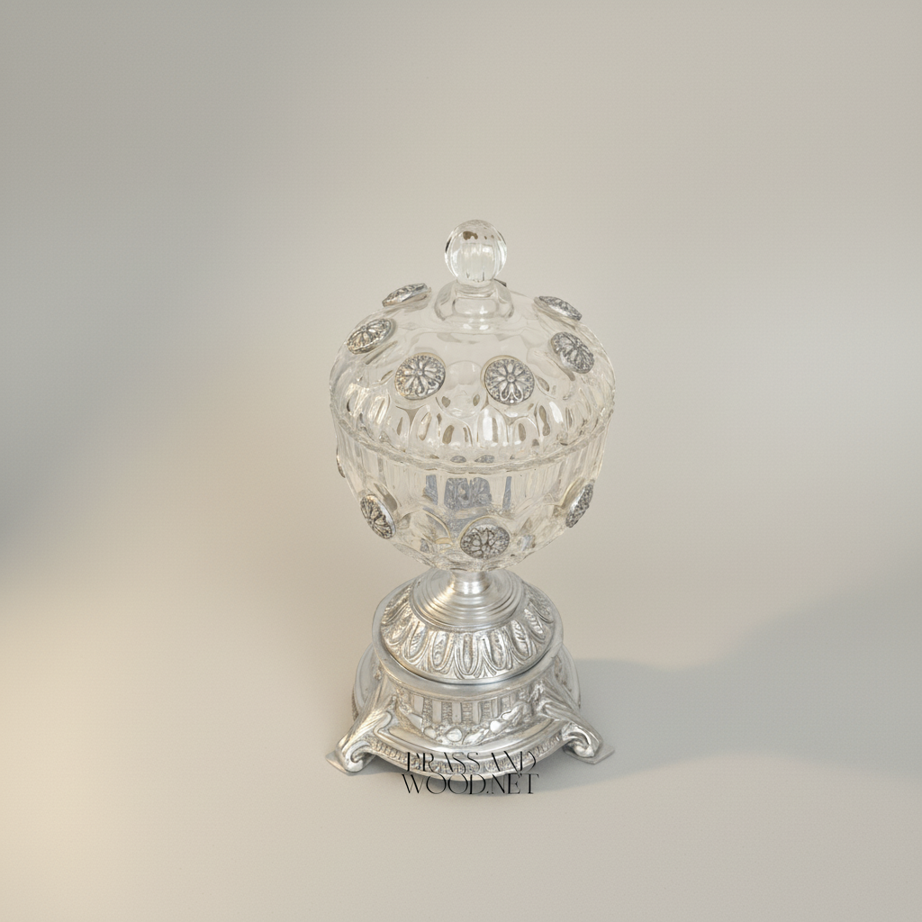 Classical Crystal Bonbonniere with Brass Rosette Base & Lidded Globe Body — Silver