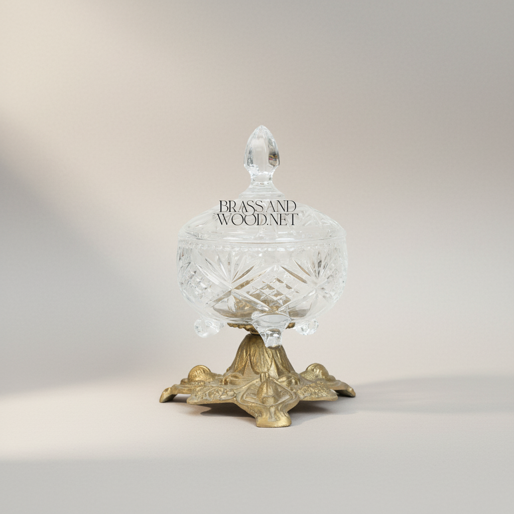 Classical Crystal Bonbonniere with Ornate Brass Pedestal Base