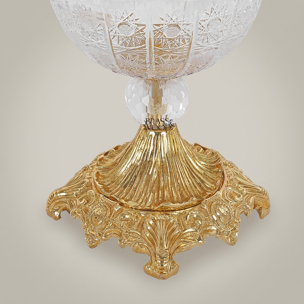Classical Crystal Bonbonniere with Ornate Brass Pedestal Base & Floral Lid