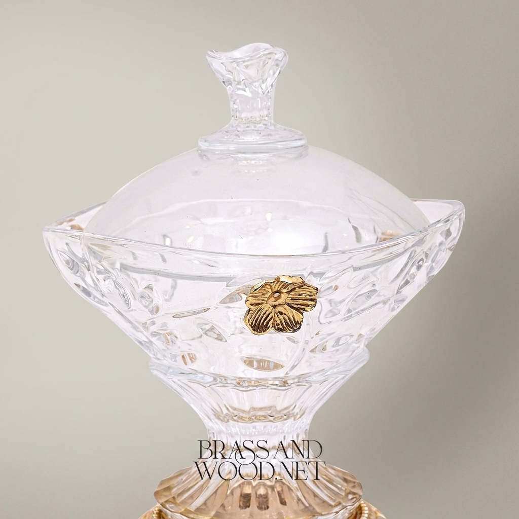Classical Crystal Bonbonniere with Ornate Brass Base & Floral Medallion Lid — Gold