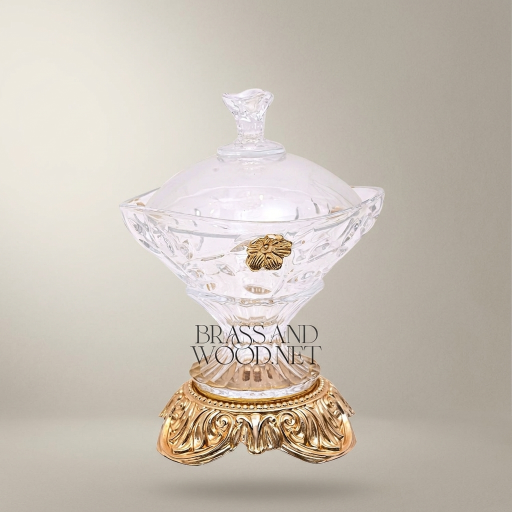Classical Crystal Bonbonniere with Ornate Brass Base & Floral Medallion Lid