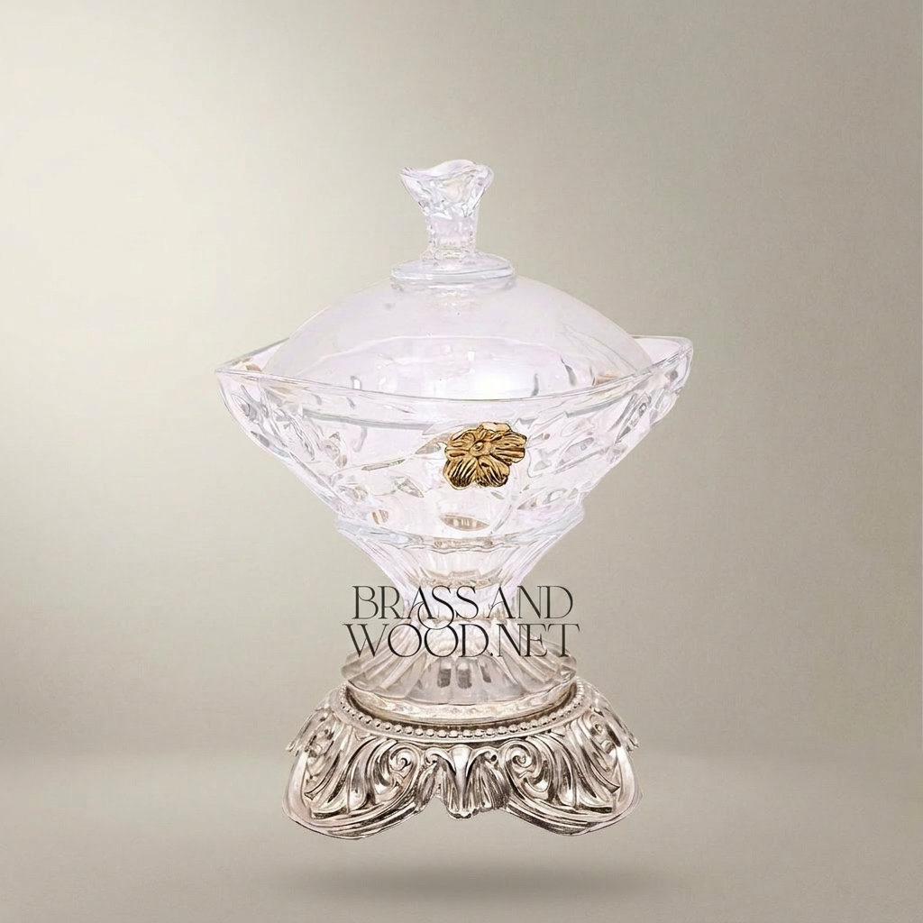 Classical Crystal Bonbonniere with Ornate Brass Base & Floral Medallion Lid — Silver