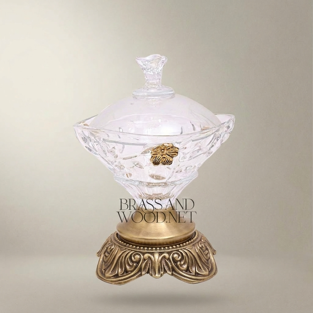 Classical Crystal Bonbonniere with Ornate Brass Base & Floral Medallion Lid — Antique Gold