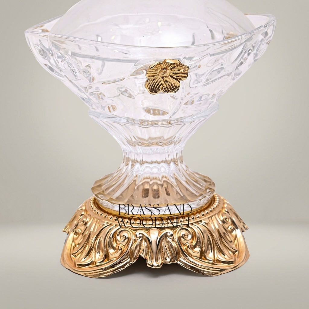 Classical Crystal Bonbonniere with Ornate Brass Base & Floral Medallion Lid