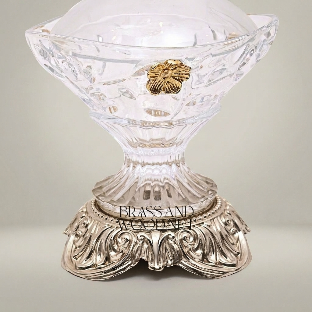 Classical Crystal Bonbonniere with Ornate Brass Base & Floral Medallion Lid — Silver