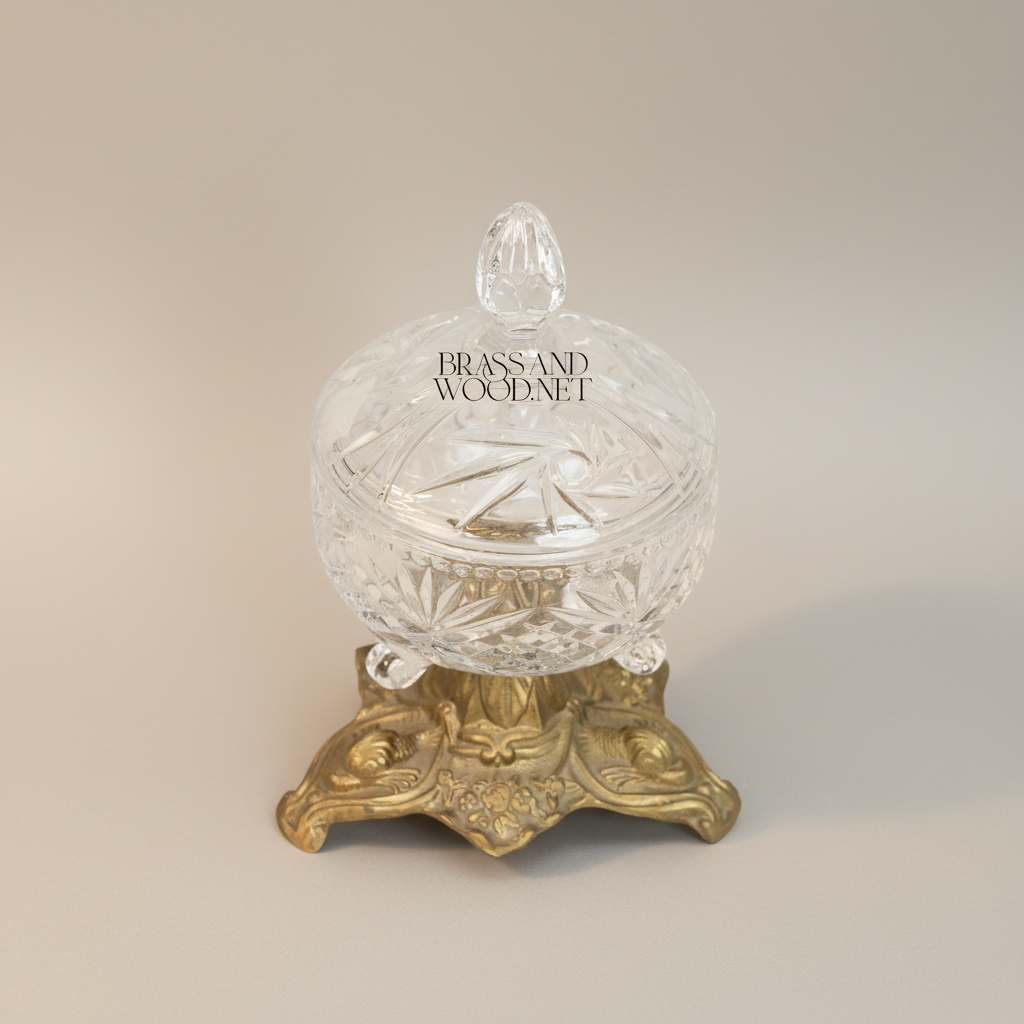 Classical Crystal Bonbonniere with Ornate Brass Pedestal Base — Antique Gold