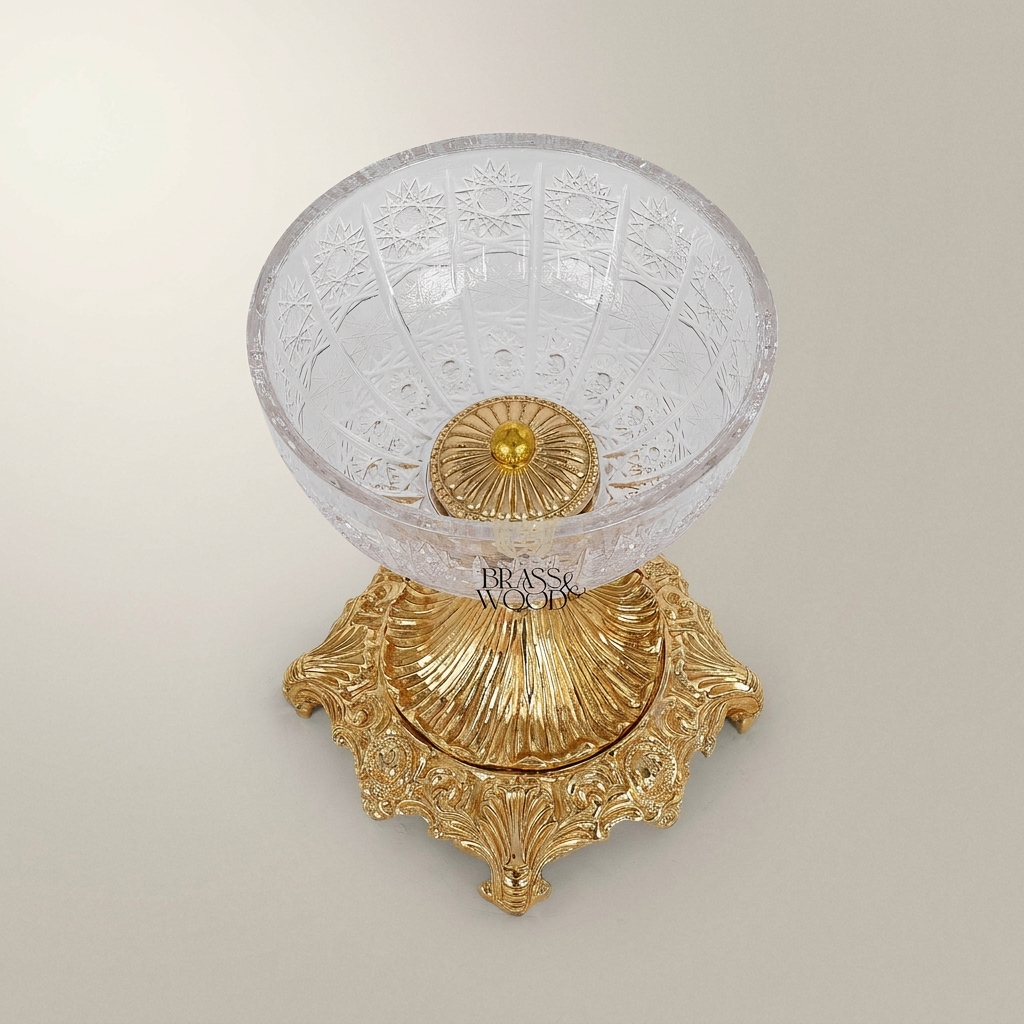Classical Crystal Bonbonniere with Ornate Brass Pedestal Base & Floral Lid — Gold