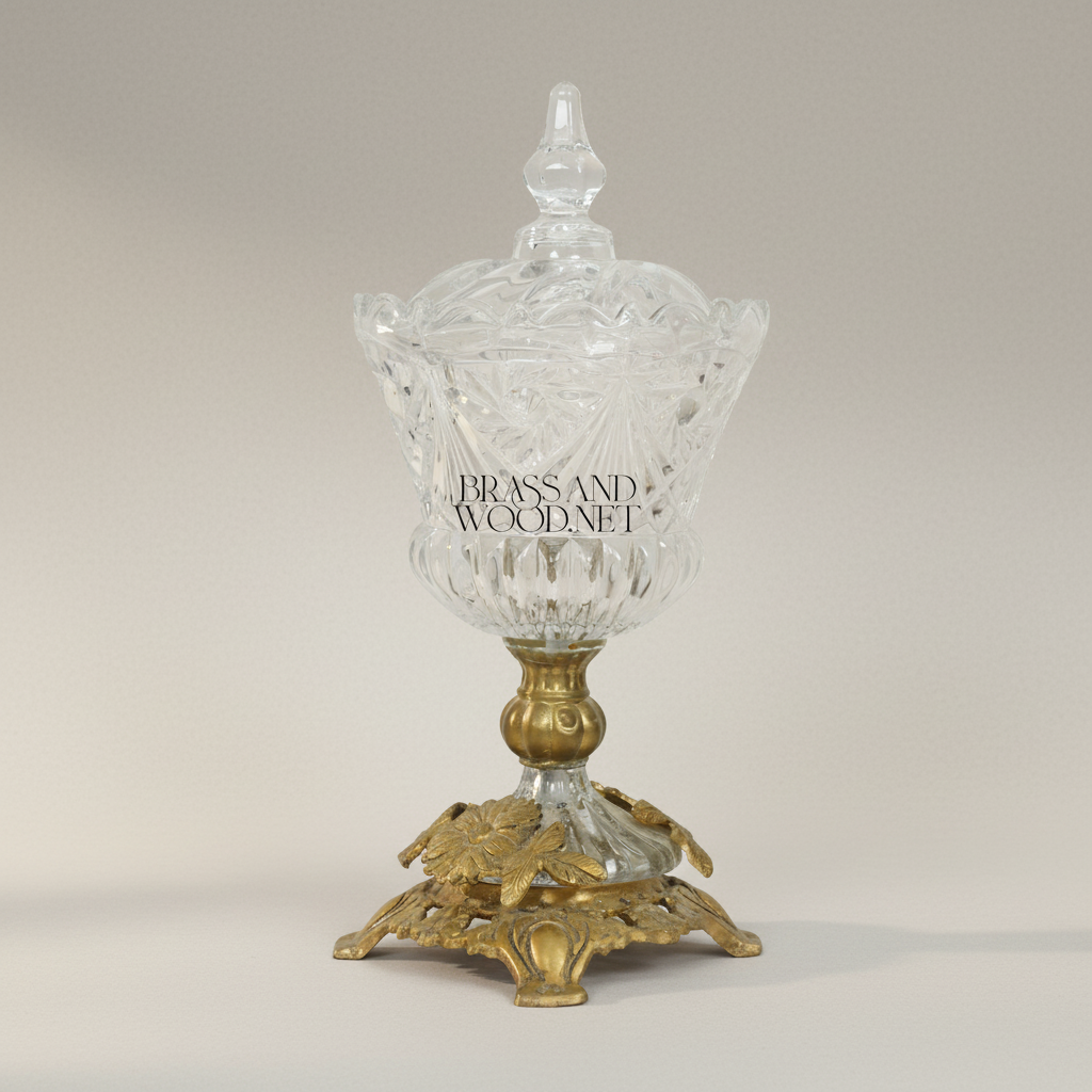Classical Crystal Bonbonniere with Ornate Brass Floral Base & Lid — Antique Gold
