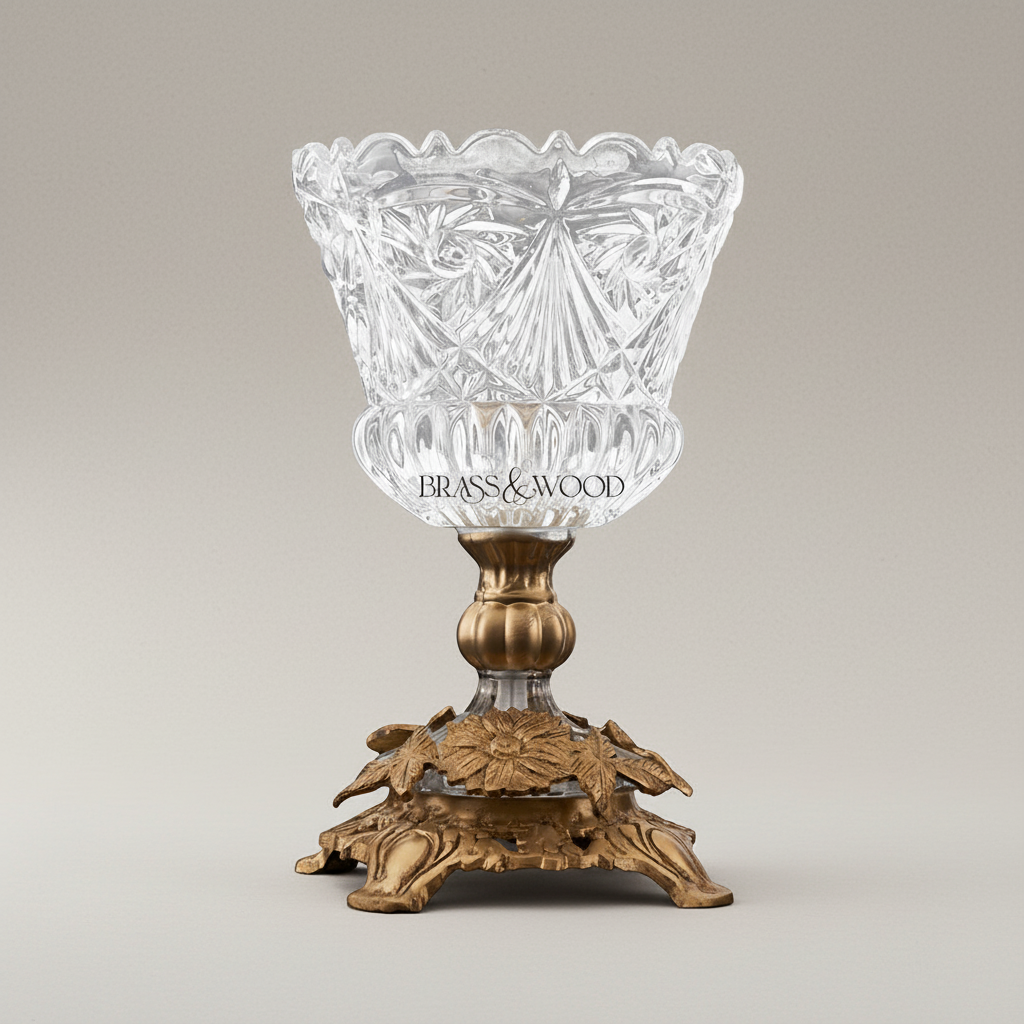 Classical Crystal Bonbonniere with Ornate Brass Floral Base & Lid — Antique Gold