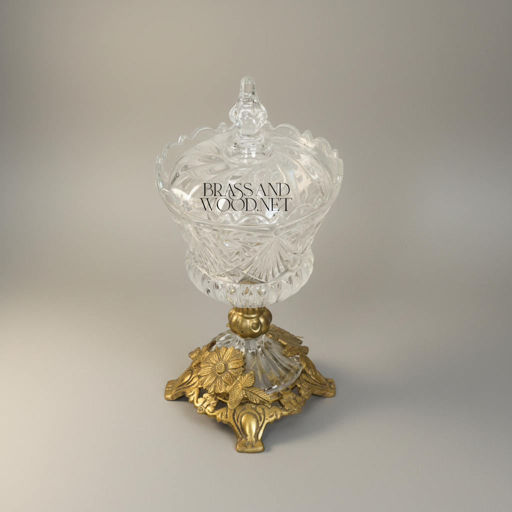 Classical Crystal Bonbonniere with Ornate Brass Floral Base & Lid