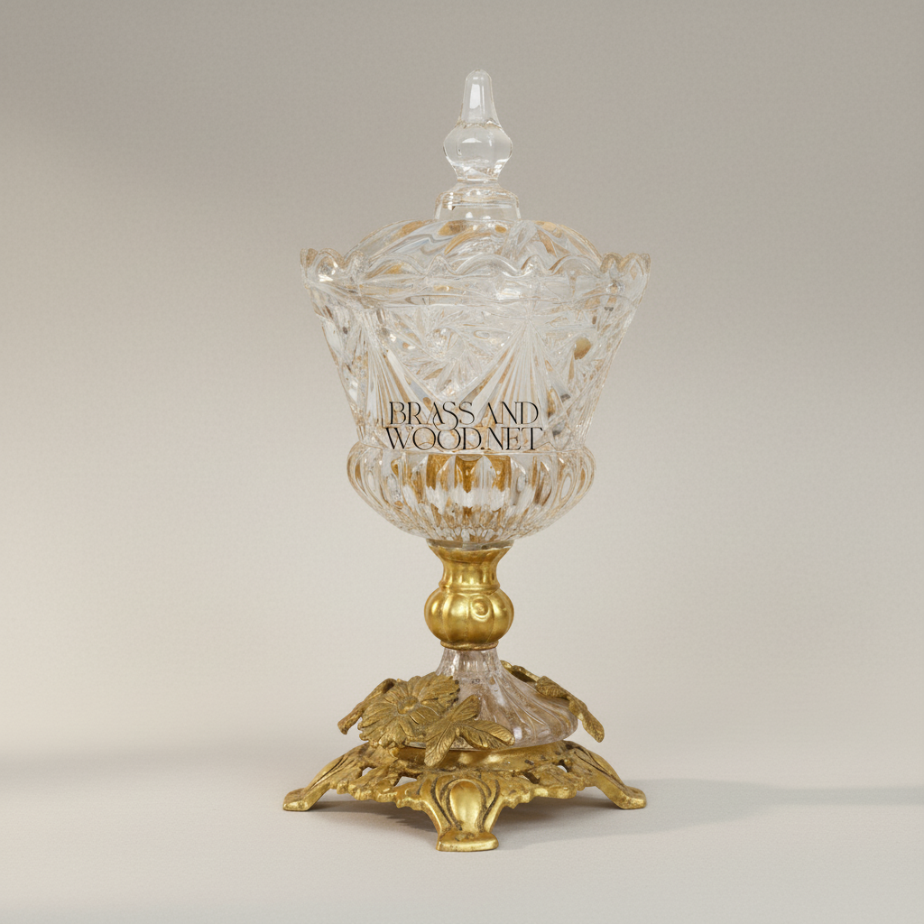 Classical Crystal Bonbonniere with Ornate Brass Floral Base & Lid — Gold