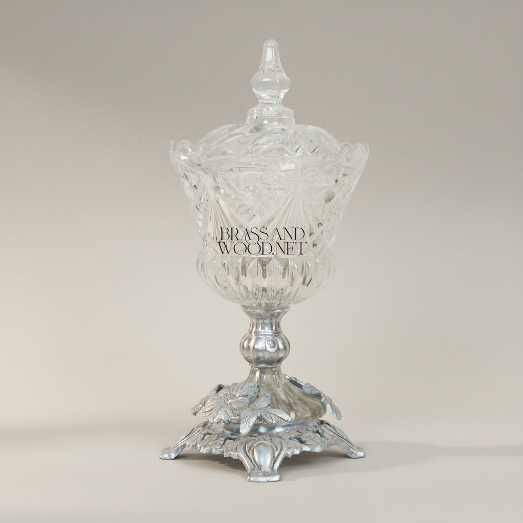Classical Crystal Bonbonniere with Ornate Brass Floral Base & Lid — Silver