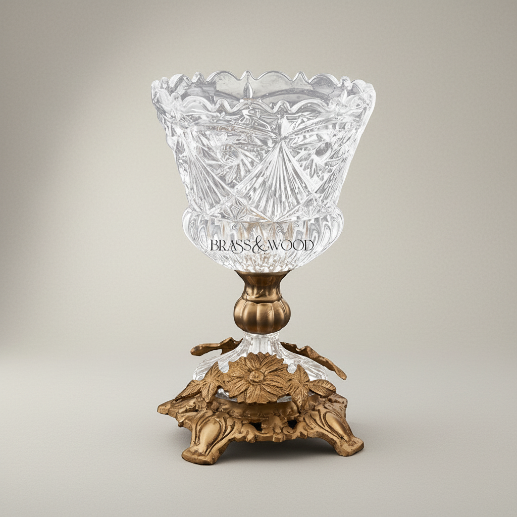 Classical Crystal Bonbonniere with Ornate Brass Floral Base & Lid