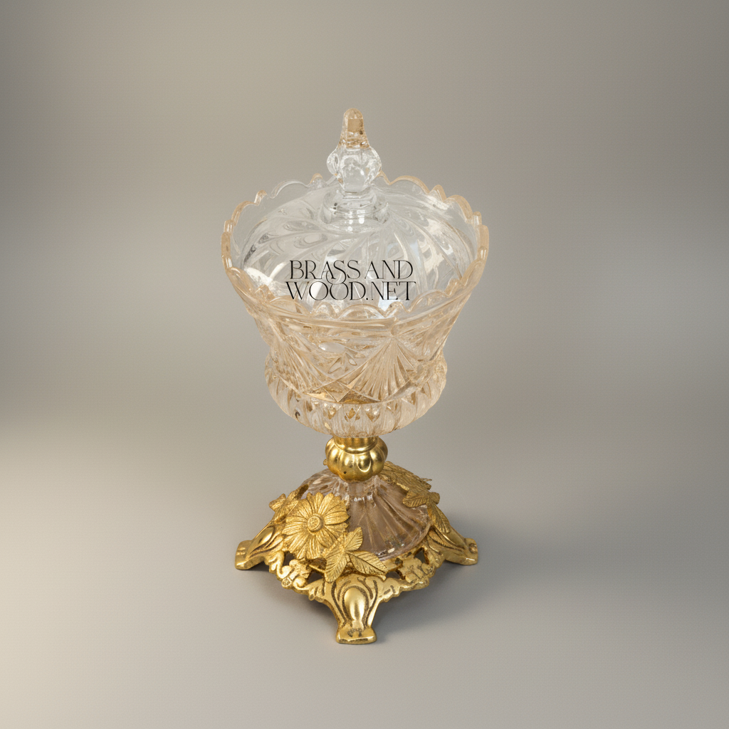Classical Crystal Bonbonniere with Ornate Brass Floral Base & Lid — Gold