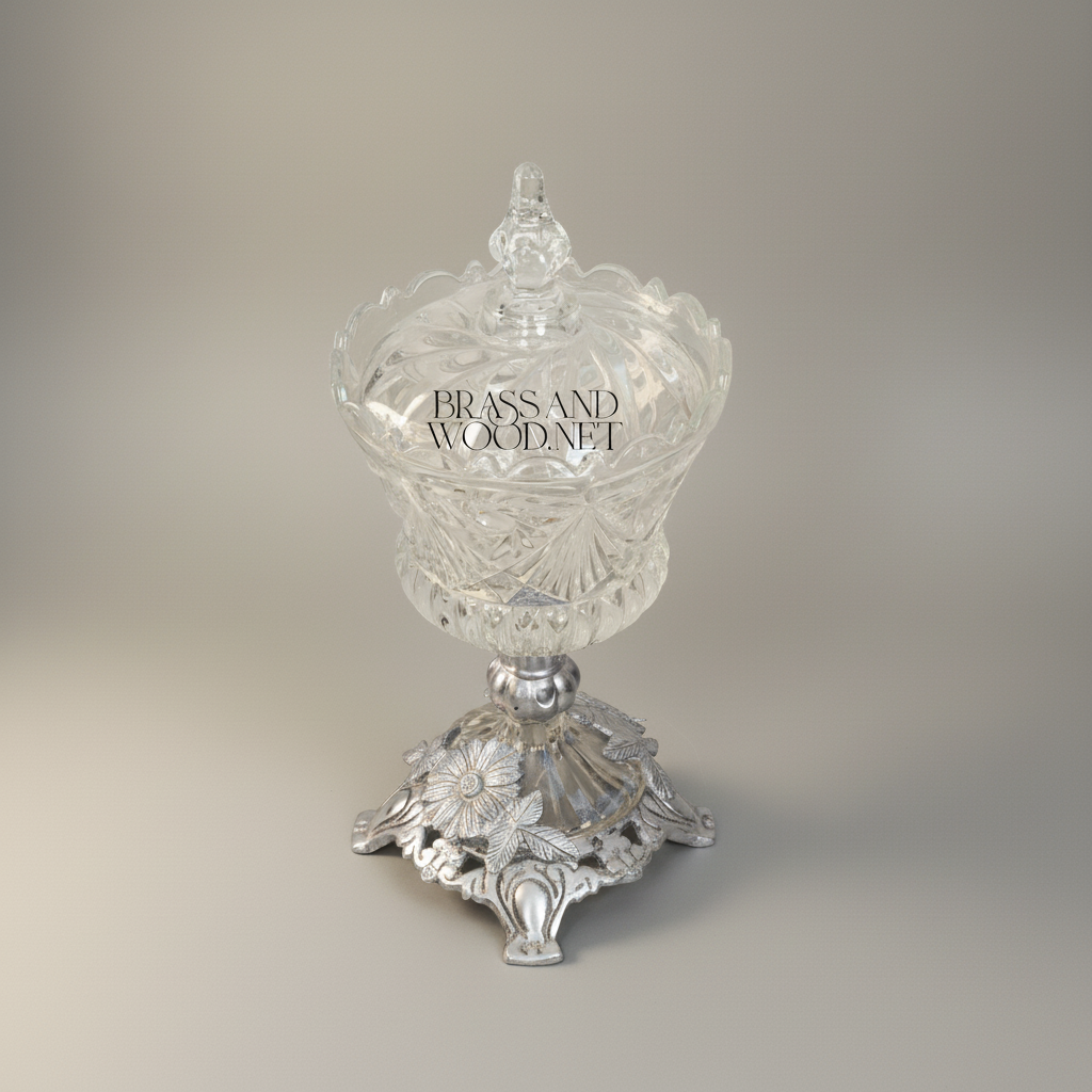 Classical Crystal Bonbonniere with Ornate Brass Floral Base & Lid — Silver