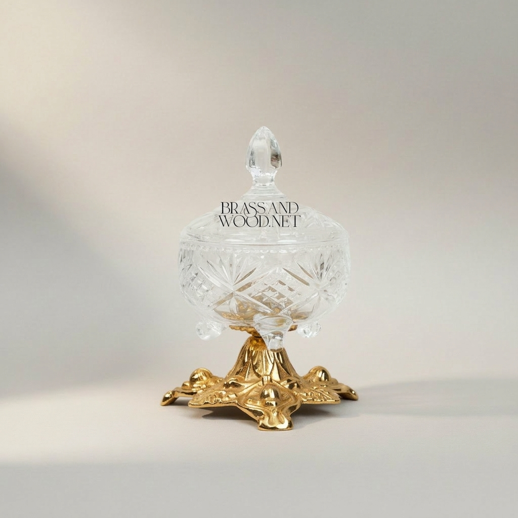 Classical Crystal Bonbonniere with Ornate Brass Pedestal Base — Gold