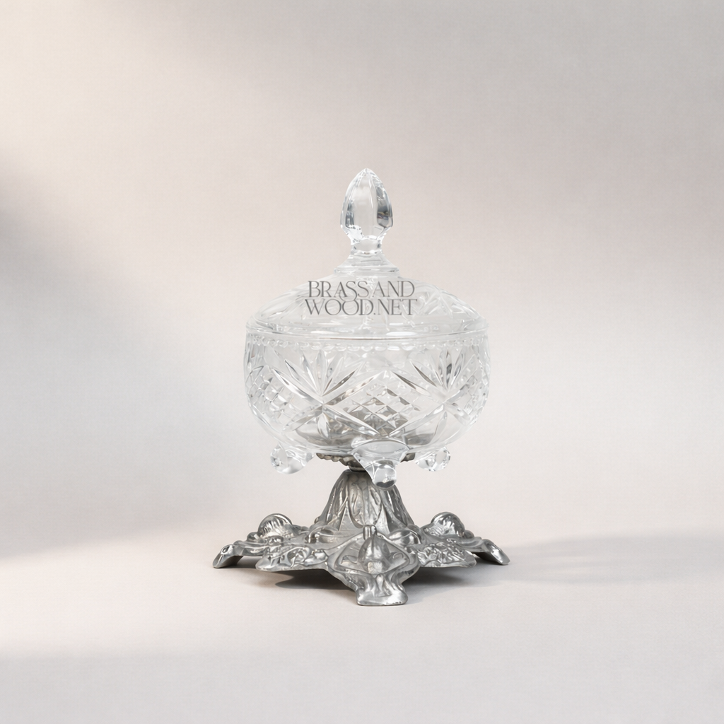 Classical Crystal Bonbonniere with Ornate Brass Pedestal Base — Silver