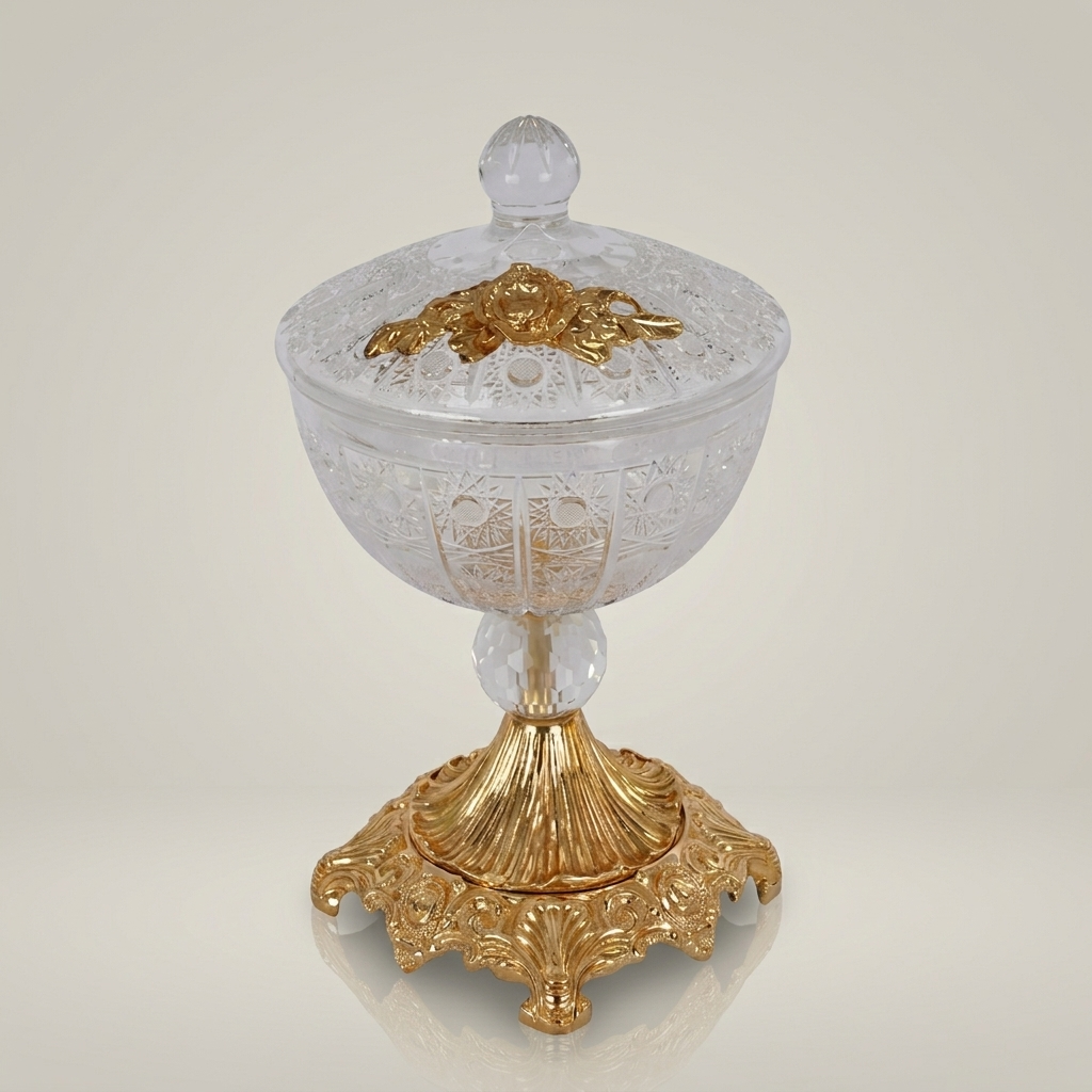 Classical Crystal Bonbonniere with Ornate Brass Pedestal Base & Floral Lid — Gold