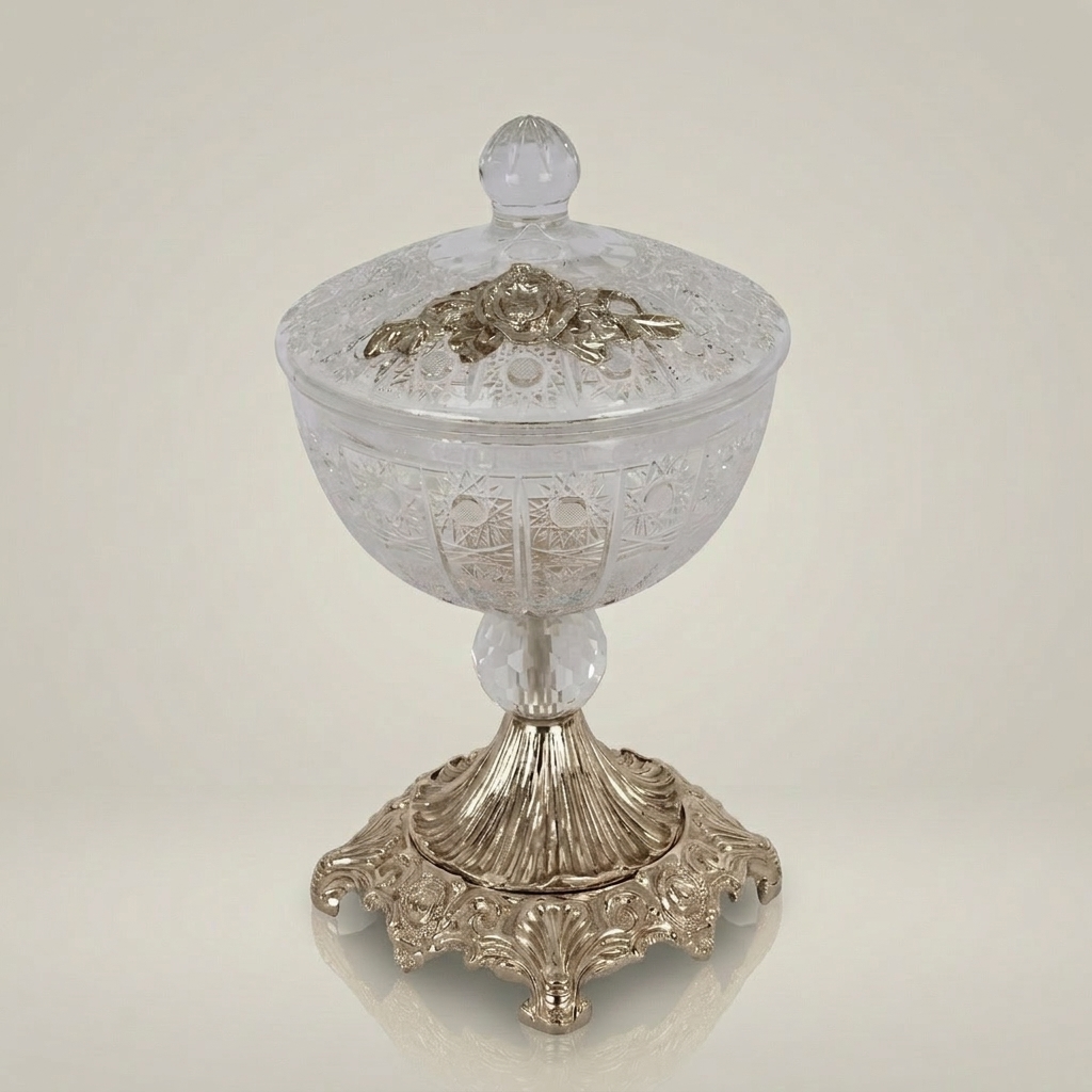 Classical Crystal Bonbonniere with Ornate Brass Pedestal Base & Floral Lid — Silver