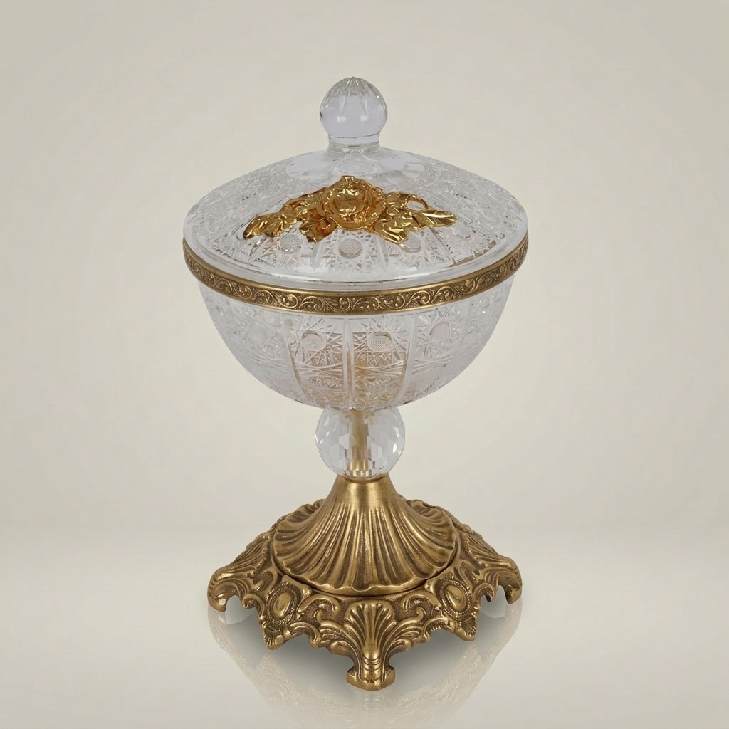 Classical Crystal Bonbonniere with Ornate Brass Pedestal Base & Floral Lid — Antique Gold