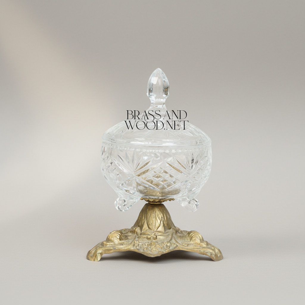 Classical Crystal Bonbonniere with Ornate Brass Pedestal Base