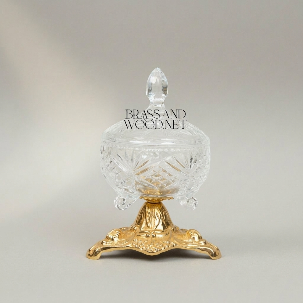 Classical Crystal Bonbonniere with Ornate Brass Pedestal Base — Gold