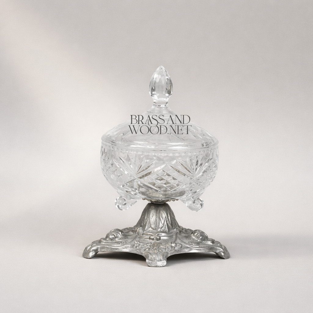 Classical Crystal Bonbonniere with Ornate Brass Pedestal Base — Silver