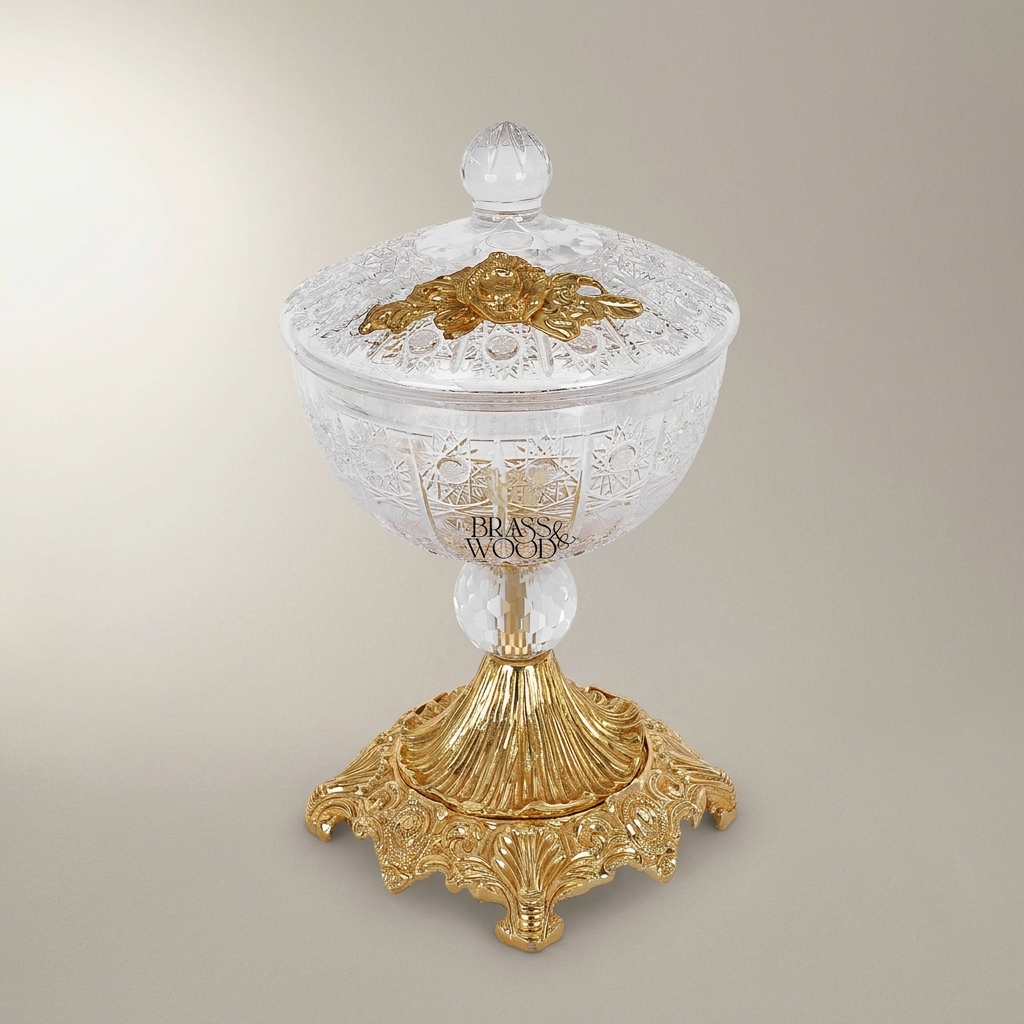 Classical Crystal Bonbonniere with Ornate Brass Pedestal Base & Floral Lid