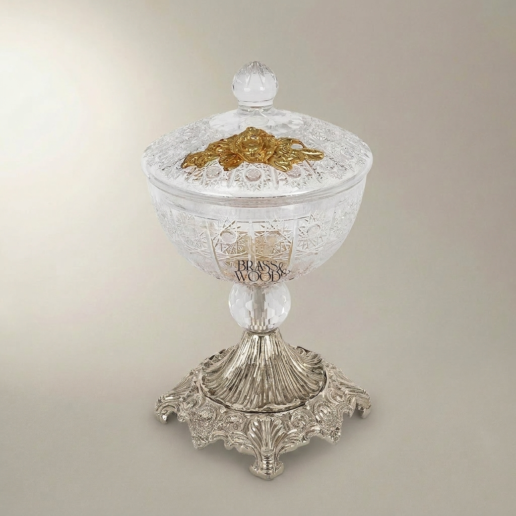 Classical Crystal Bonbonniere with Ornate Brass Pedestal Base & Floral Lid — Silver