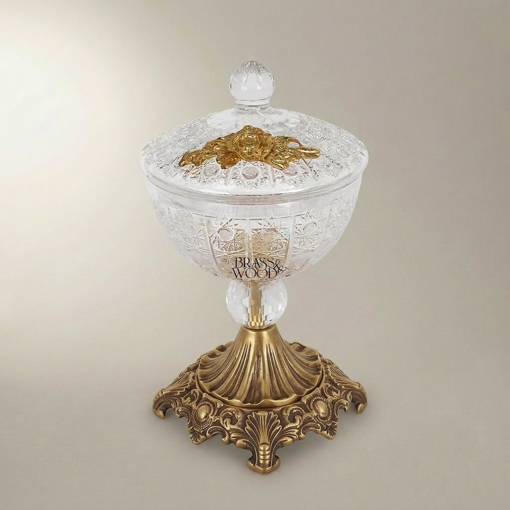 Classical Crystal Bonbonniere with Ornate Brass Pedestal Base & Floral Lid — Antique Gold