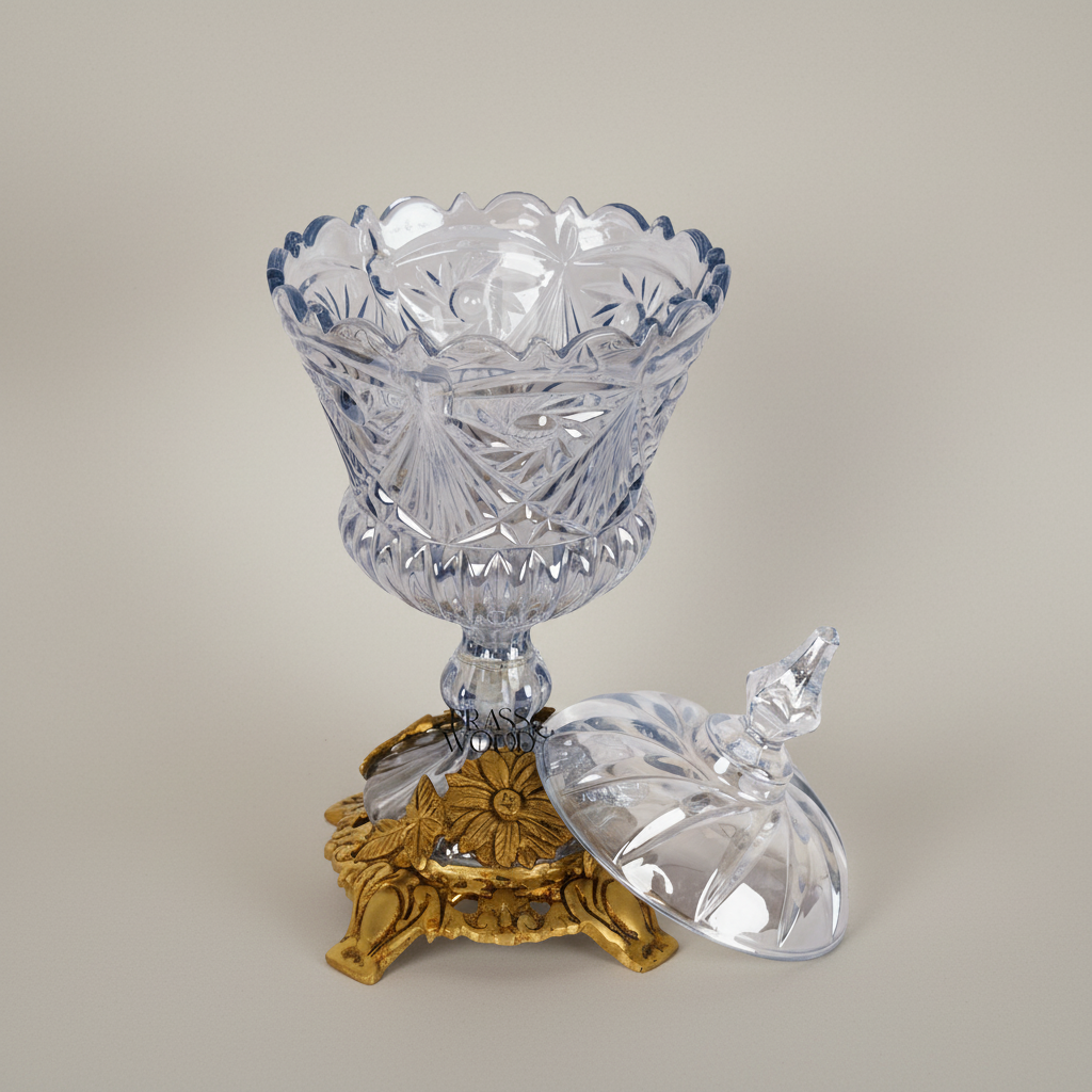 Classical Crystal Bonbonniere with Ornate Floral Brass Base — Antique Gold
