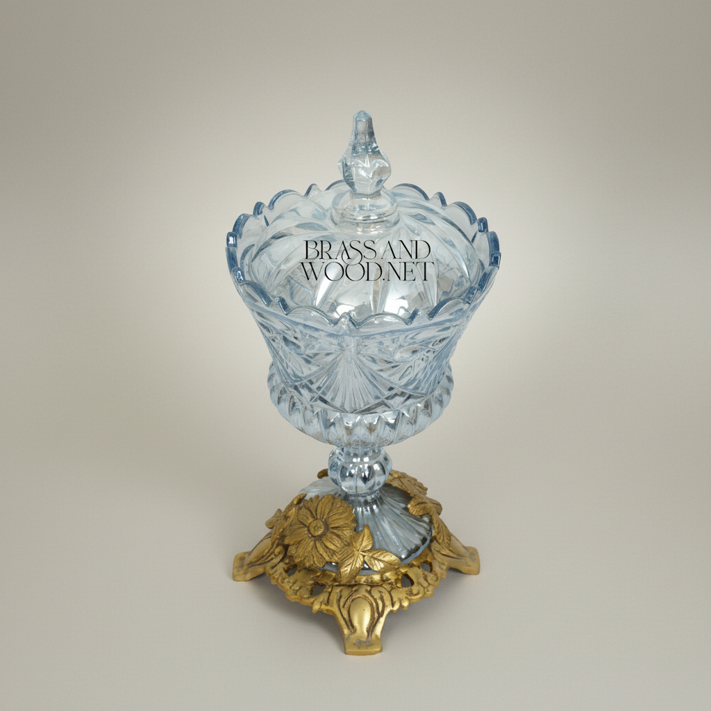 Classical Crystal Bonbonniere with Ornate Floral Brass Base — Antique Gold