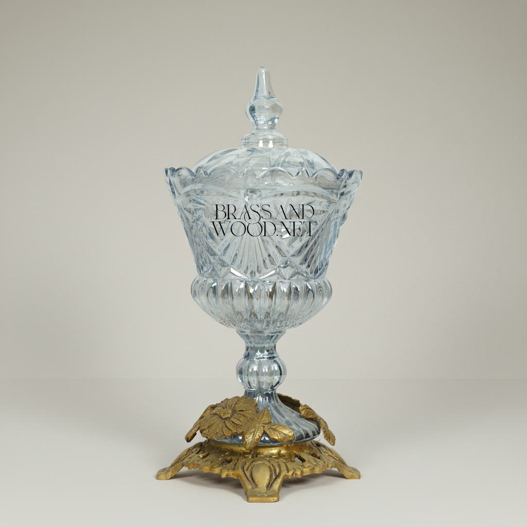 Classical Crystal Bonbonniere with Ornate Floral Brass Base — Gold