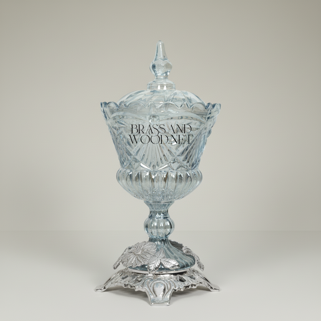 Classical Crystal Bonbonniere with Ornate Floral Brass Base — Silver