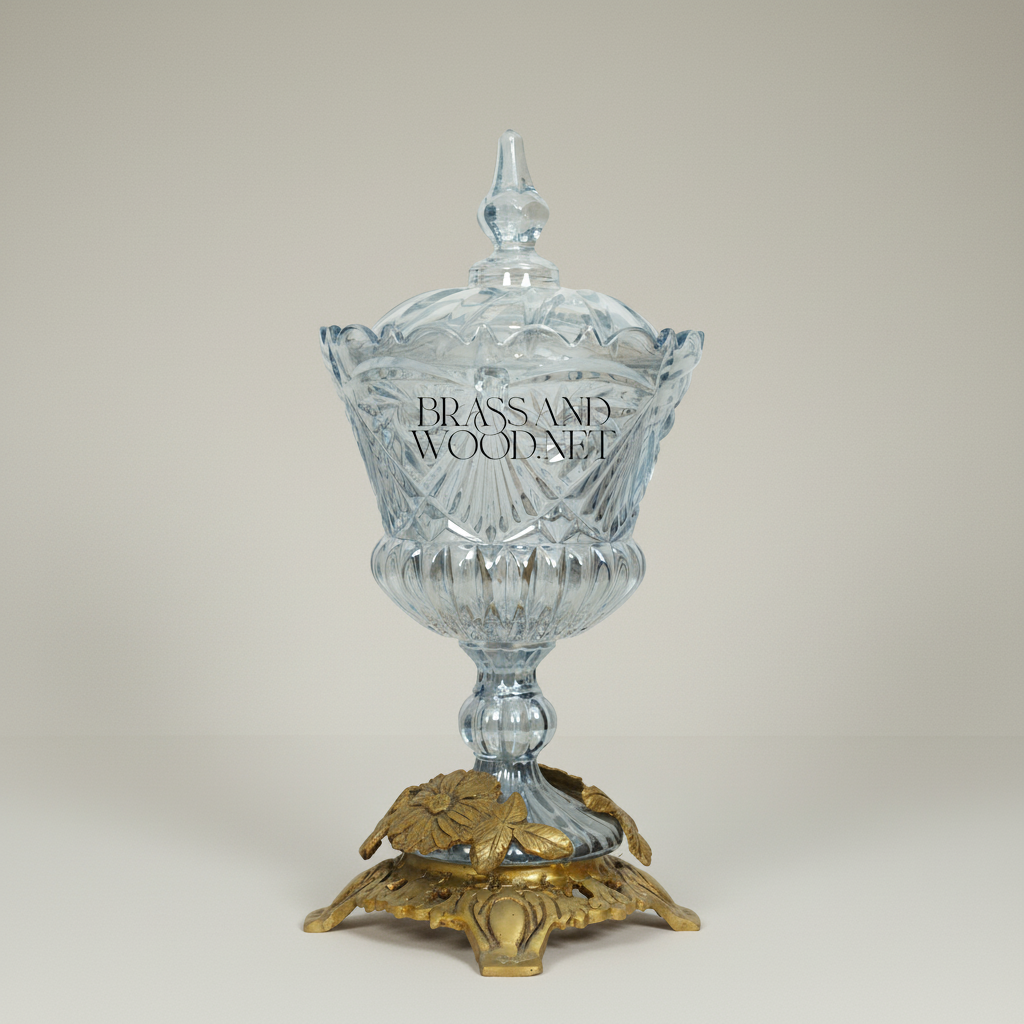 Classical Crystal Bonbonniere with Ornate Floral Brass Base