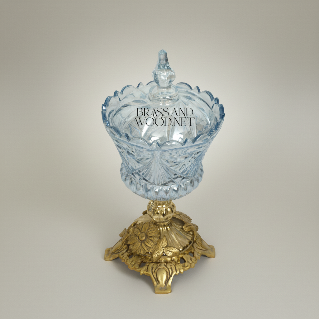 Classical Crystal Bonbonniere with Ornate Floral Brass Base — Gold