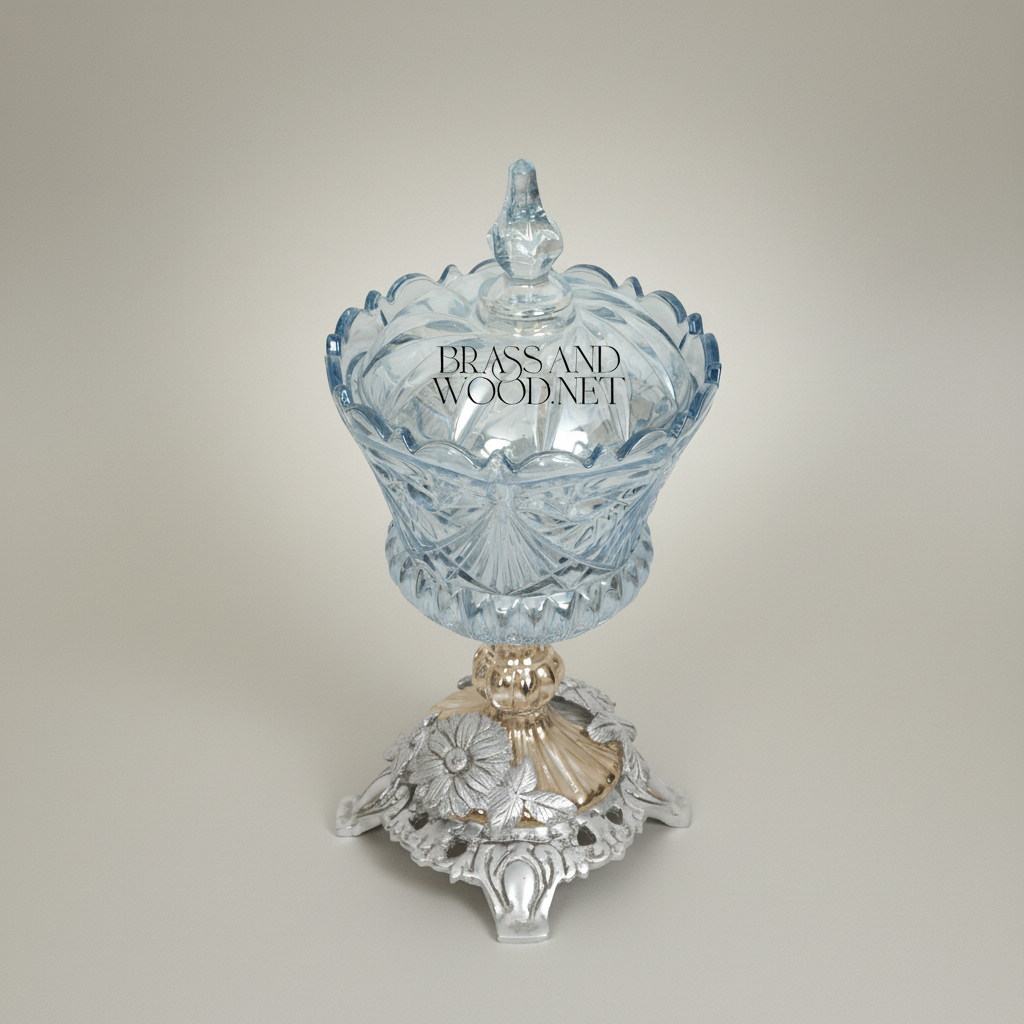 Classical Crystal Bonbonniere with Ornate Floral Brass Base — Silver