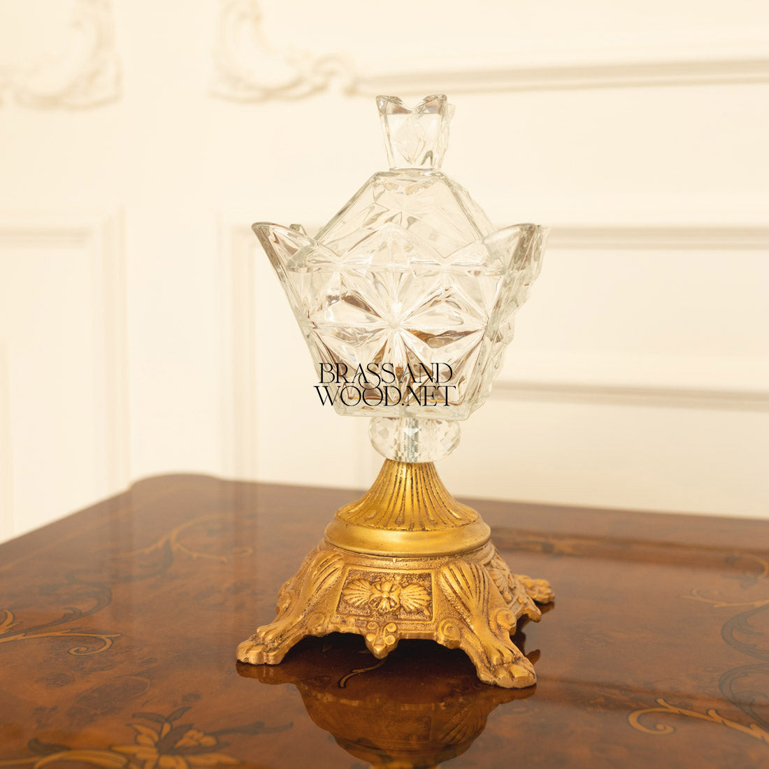 Classical Crystal Bonbonniere with Ornate Lotus Petal Base — Gold