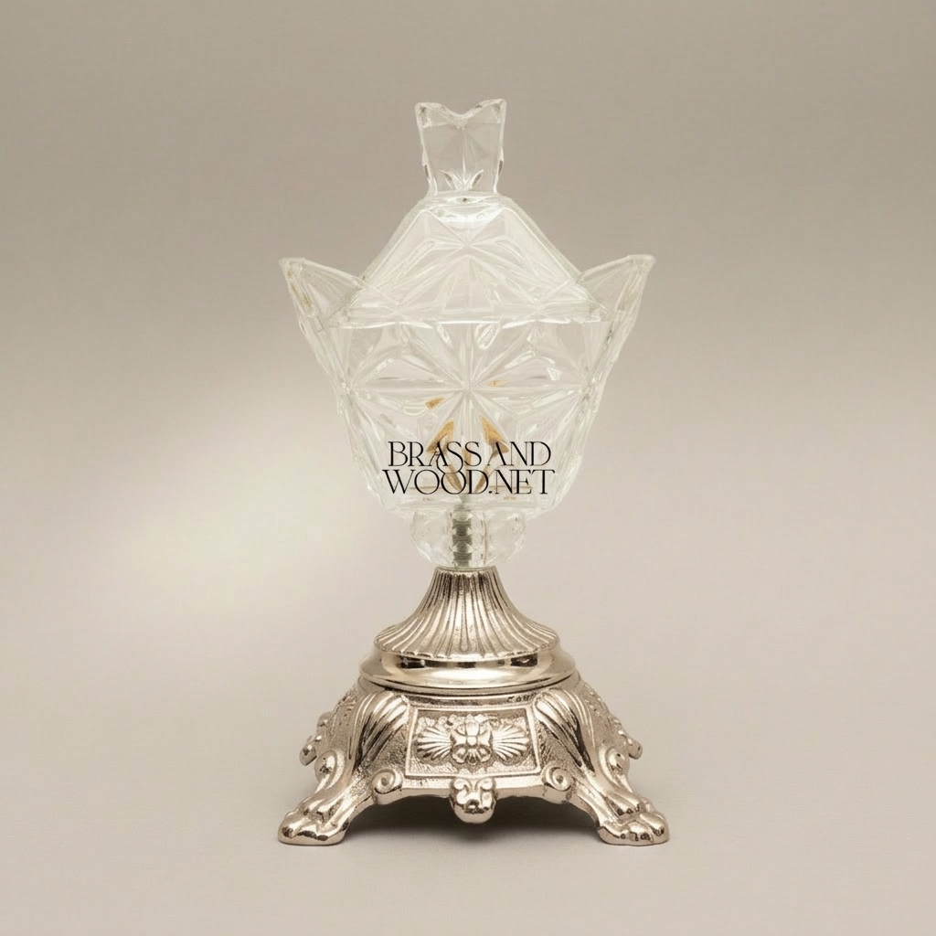 Classical Crystal Bonbonniere with Ornate Lotus Petal Base — Silver