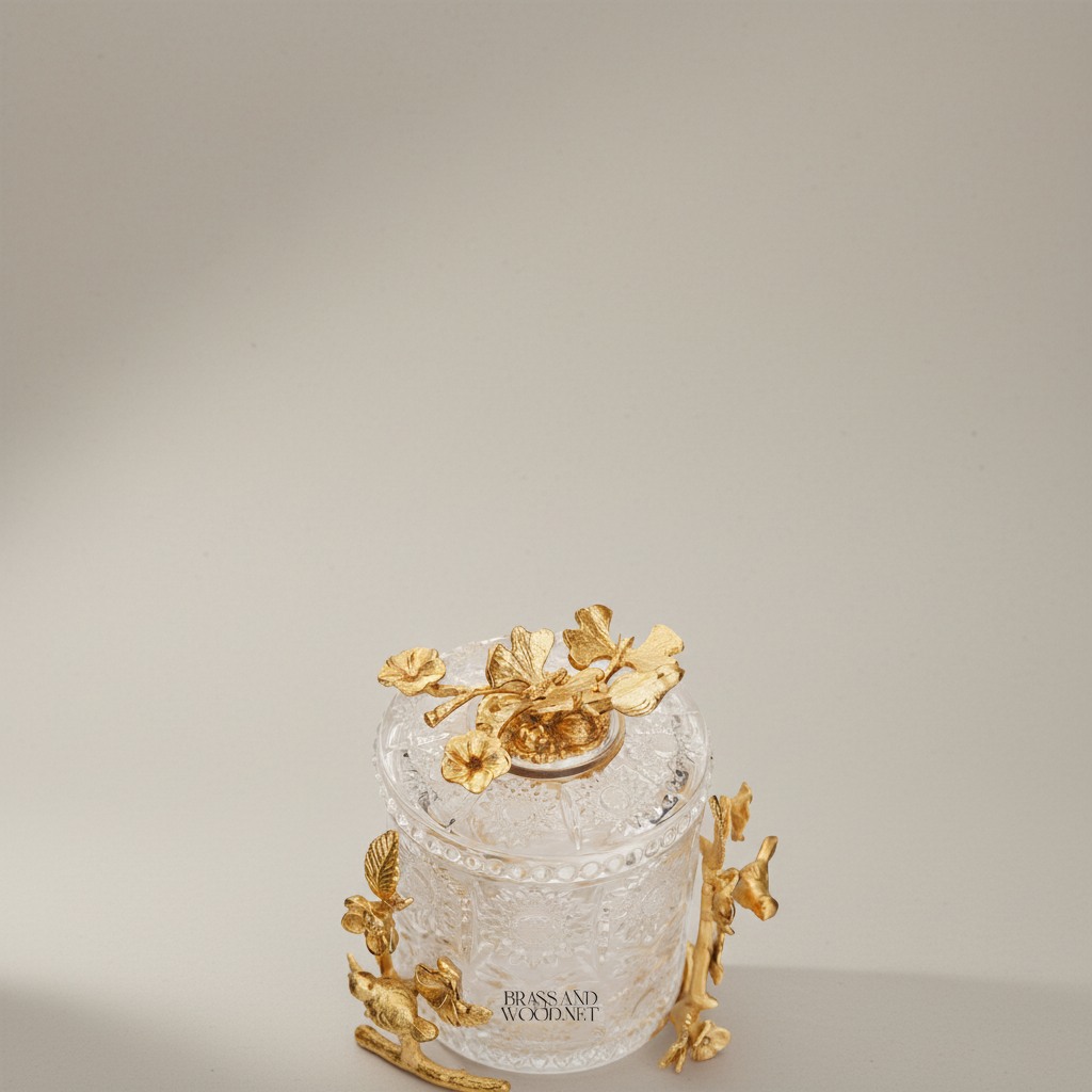 Classical Crystal & Brass Bonbonniere with Birds & Floral Branch Frame — Gold