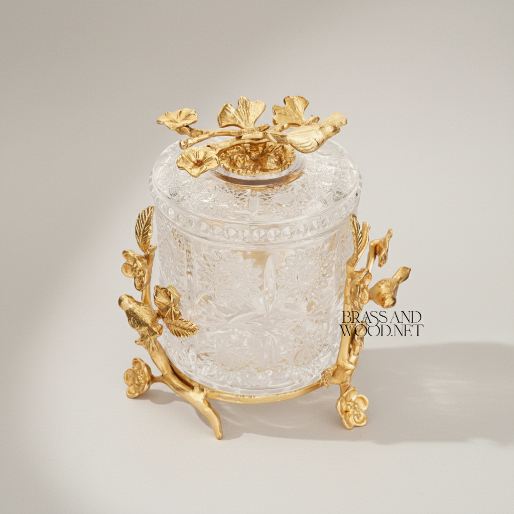 Classical Crystal & Brass Bonbonniere with Birds & Floral Branch Frame — Gold
