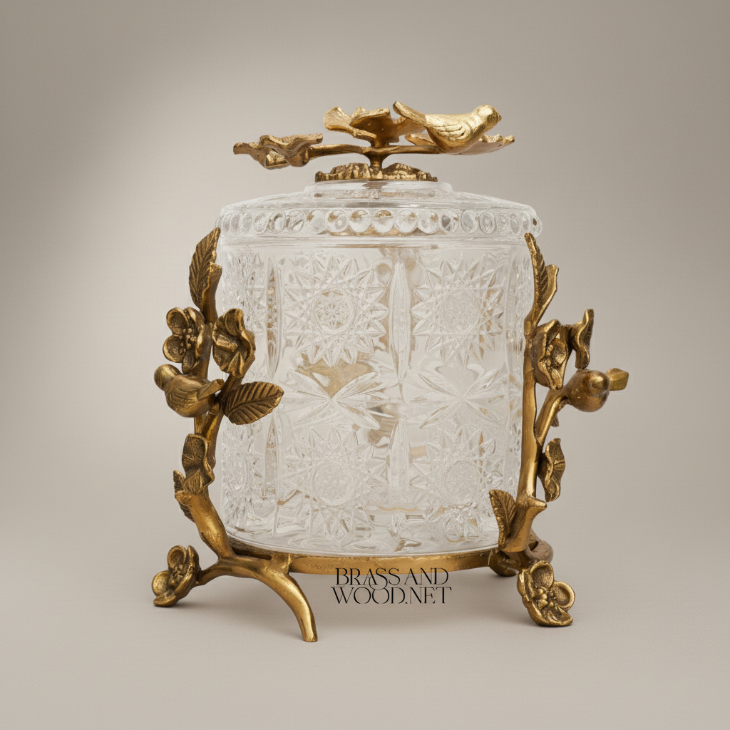 Classical Crystal & Brass Bonbonniere with Birds & Floral Branch Frame